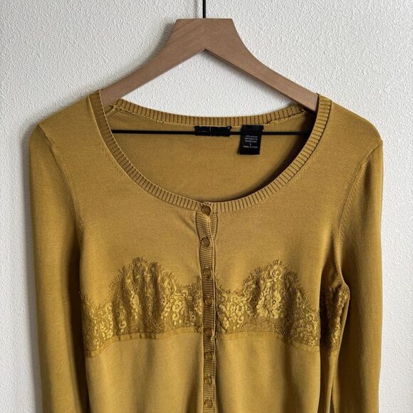Vtg Y2K Moda International Sweater Womens Large Mustard Yellow Cardigan Lace 90s - Picture 2 of 14